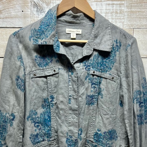 Coldwater Creek Linen Jacket Womens 16 Gray Blue Floral Snap Front Cottagecore - Picture 2 of 11